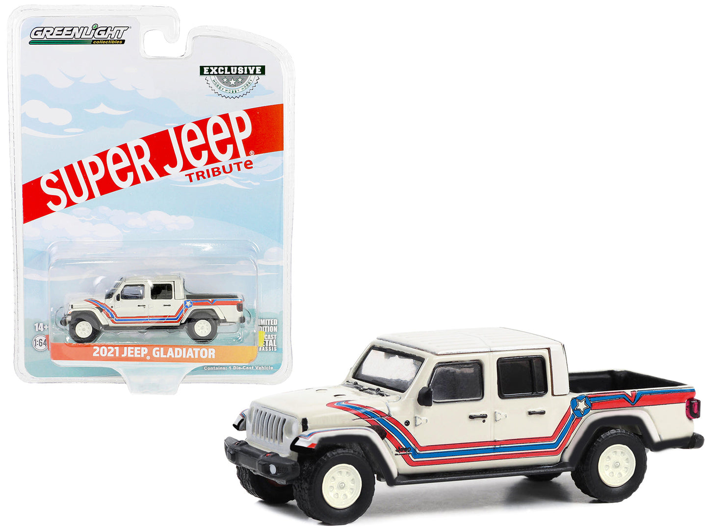 2021 Jeep Gladiator Pickup Truck "Super Jeep Tribute" White with Red and Blue Stripes "Hobby Exclusive" Series 1/64 Diecast Model Car