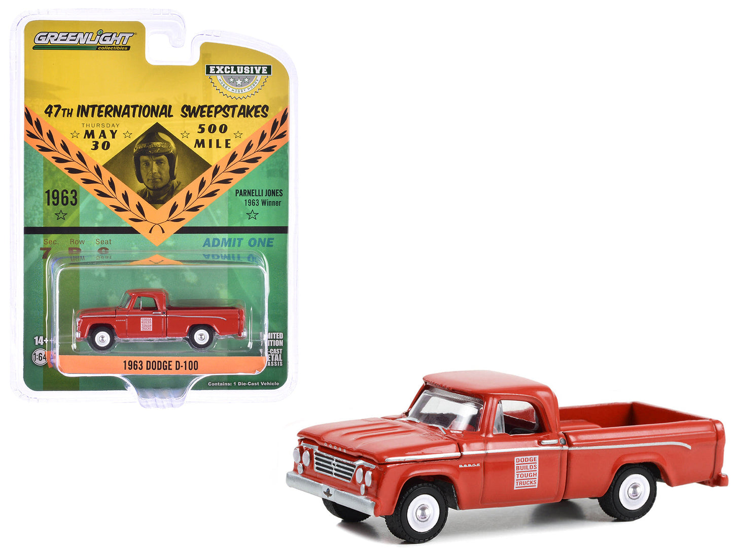 1963 Dodge D-100 Pickup Truck "47th International 500 Mile Sweepstakes - Indianapolis 500 Official Truck" Red "Hobby Exclusive" Series 1/64 Diecast Model Car