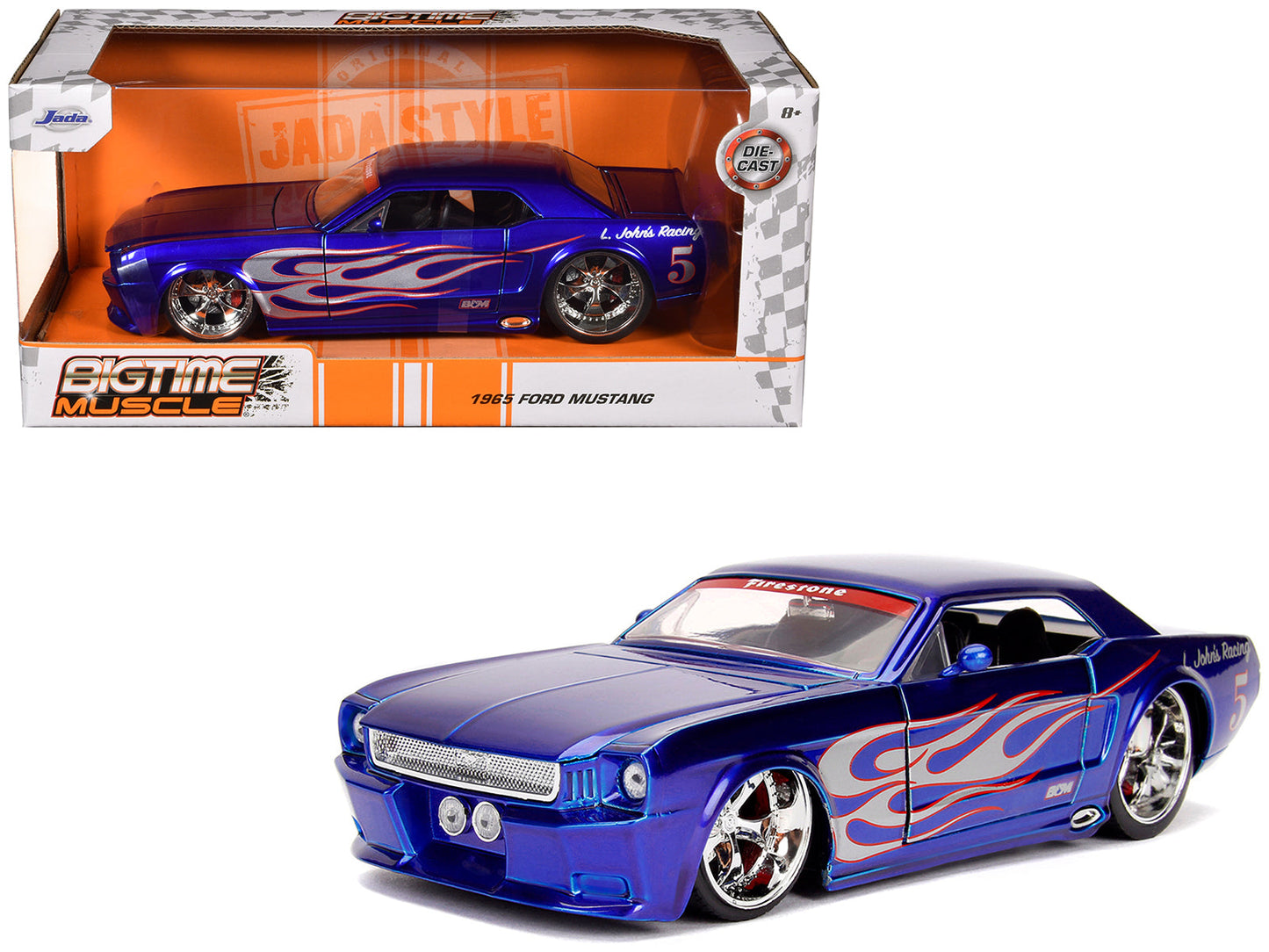 1965 Ford Mustang #5 "L. John's Racing" Candy Blue with Flame Graphics "Bigtime Muscle" Series 1/24 Diecast Model Car