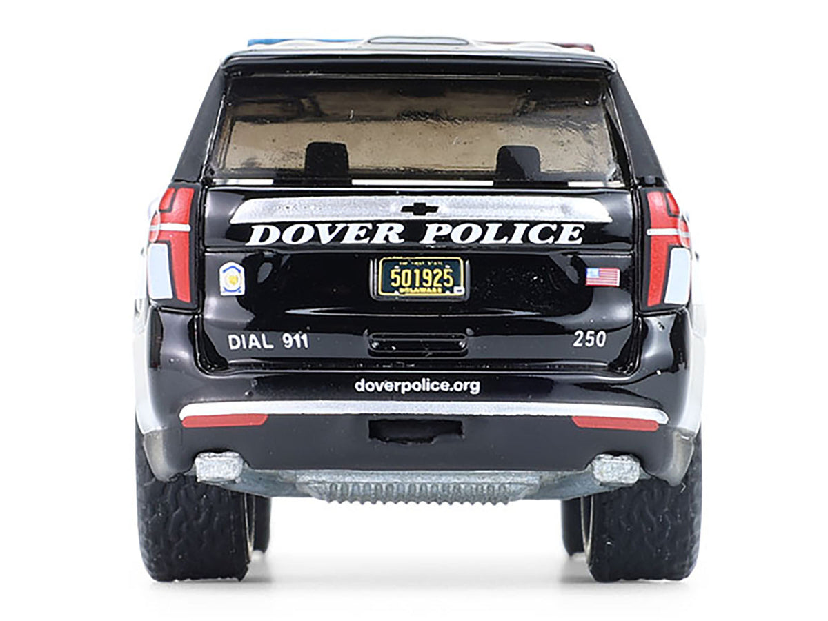 2024 Chevrolet Tahoe Police Pursuit Vehicle "Dover Police – 100th Anniversary Edition" Black with White Stripes "Hobby Exclusive" Series 1/64 Diecast Model Car