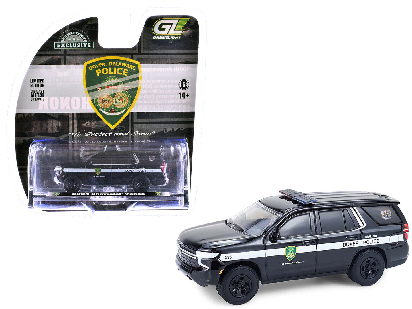 2024 Chevrolet Tahoe Police Pursuit Vehicle "Dover Police – 100th Anniversary Edition" Black with White Stripes "Hobby Exclusive" Series 1/64 Diecast Model Car