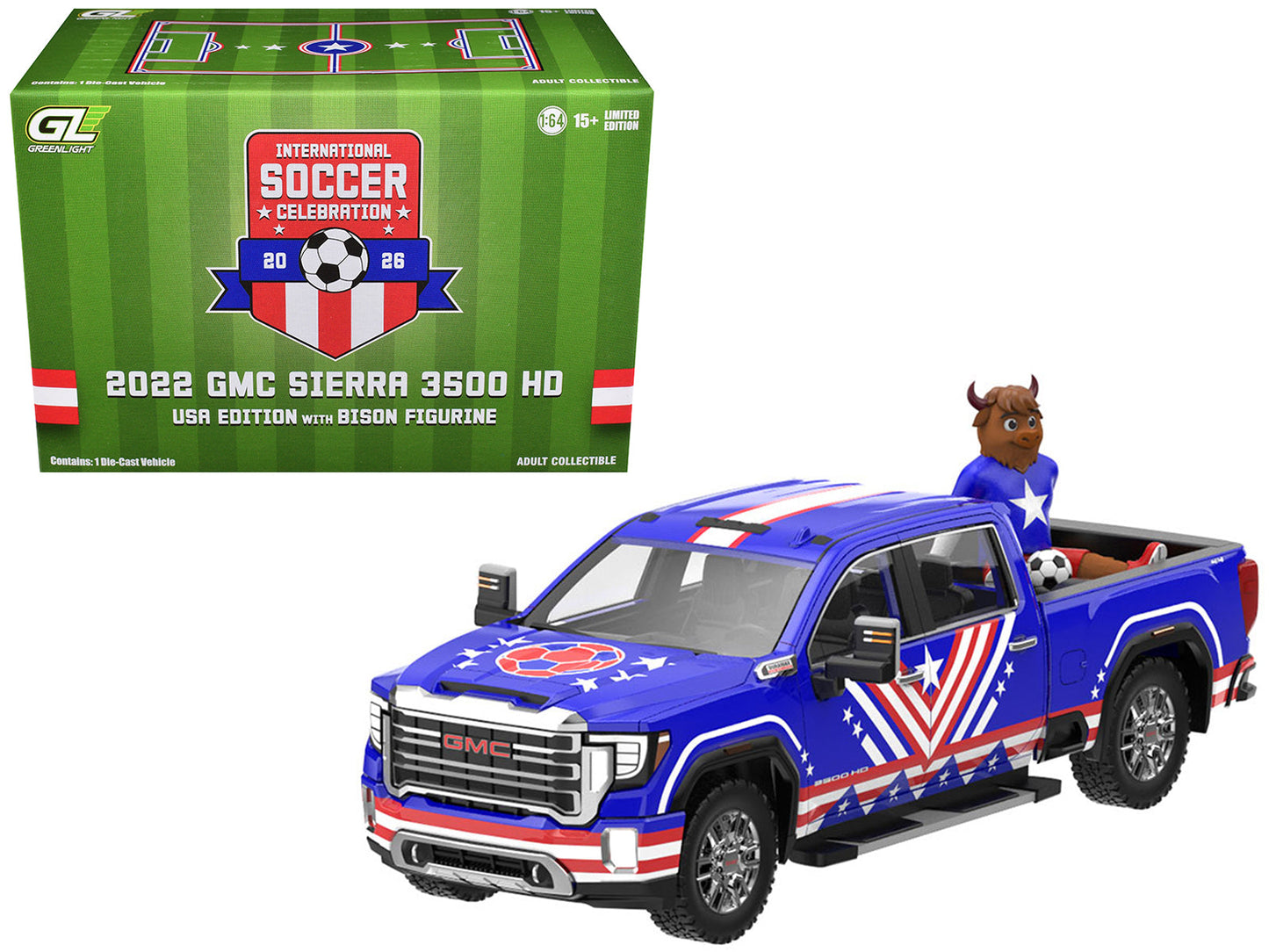 2022 GMC Sierra 3500 HD Pickup Truck Blue with American Soccer Graphics with Bison Figure "International Soccer Celebration '26" Series 1/64 Diecast Model Car