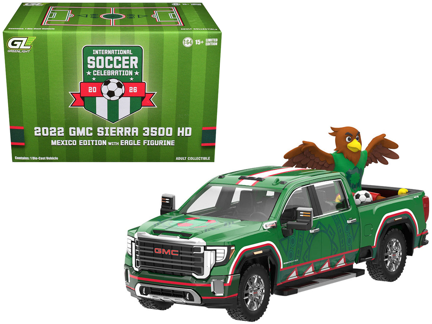 2022 GMC Sierra 3500 HD Pickup Truck Green with Mexican Soccer Graphics with Eagle Figure "International Soccer Celebration '26" Series 1/64 Diecast Model Car