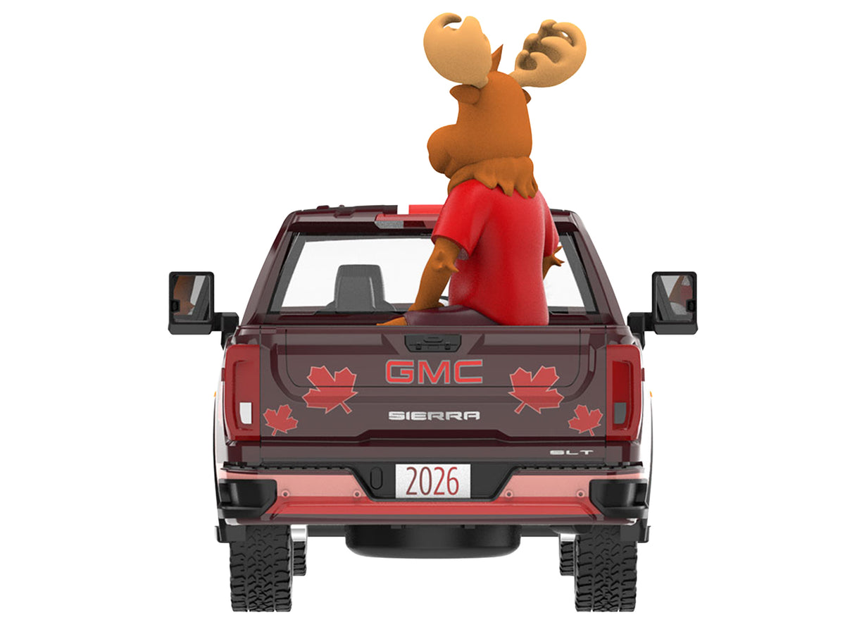 2022 GMC Sierra 3500 HD Pickup Truck Dark Red with Canadian Soccer Graphics with Moose Figure "International Soccer Celebration '26" Series 1/64 Diecast Model Car
