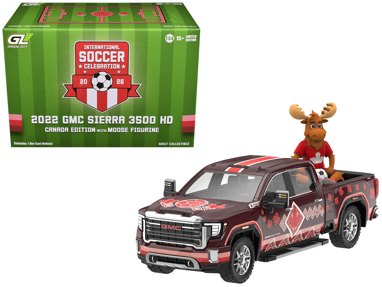 2022 GMC Sierra 3500 HD Pickup Truck Dark Red with Canadian Soccer Graphics with Moose Figure "International Soccer Celebration '26" Series 1/64 Diecast Model Car