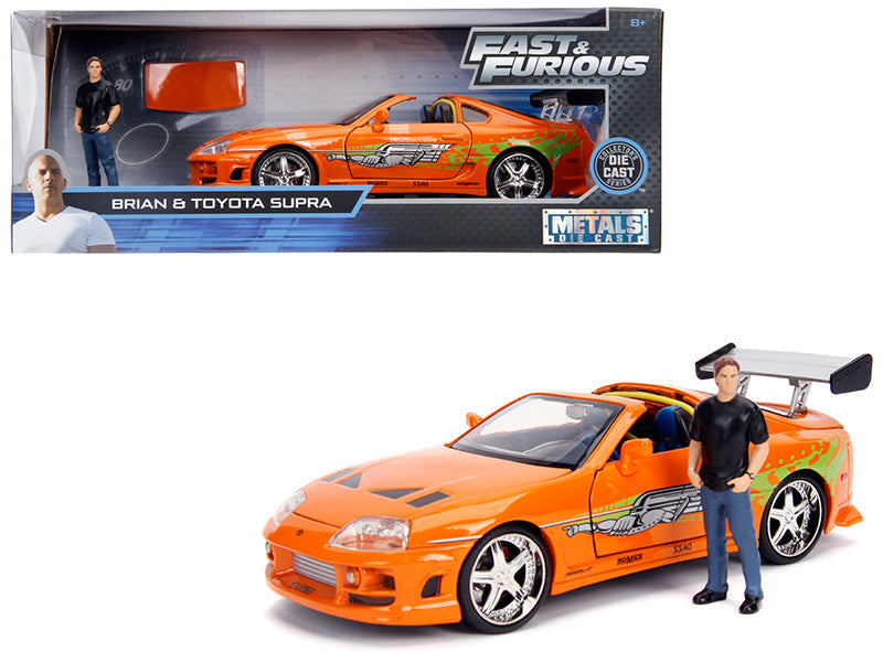 Toyota Supra Orange Metallic with Brian Diecast Figurine "Fast & Furious" Movie 1/24 Diecast Model Car