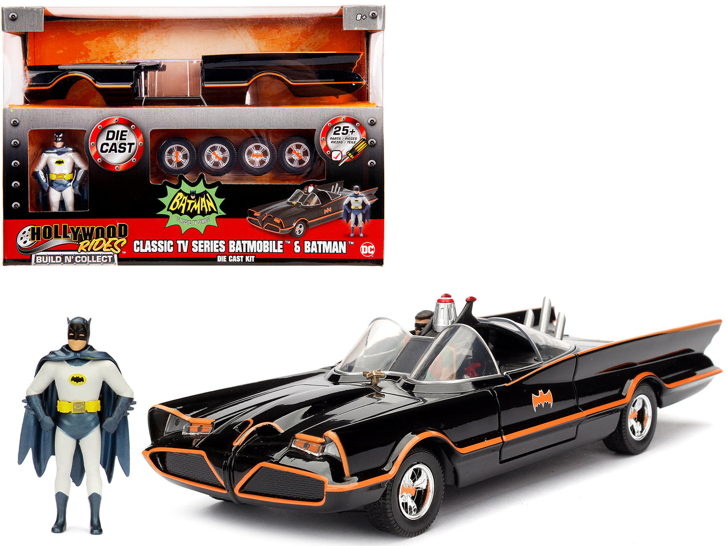 Model Kit Classic Batmobile Black with Batman Diecast Figure "Batman" (1966-1968) TV Series "Build N' Collect" 1/24 Diecast Model Car