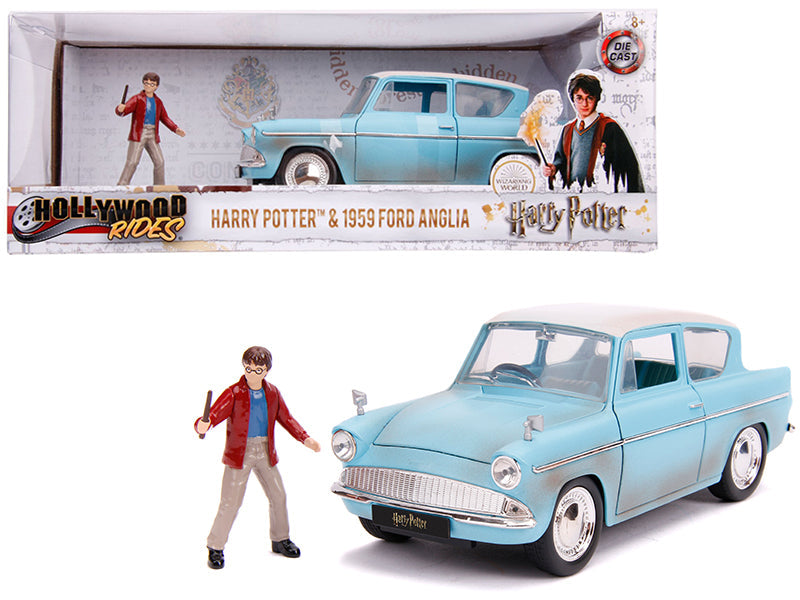 1959 Ford Anglia Light Blue (Weathered) with Harry Potter Diecast Figurine 1/24 Diecast Model Car