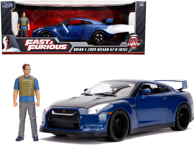 2009 Nissan GT-R (R35) Blue Metallic and Carbon with Lights and Brian Figurine "Fast & Furious" Movie 1/18 Diecast Model Car