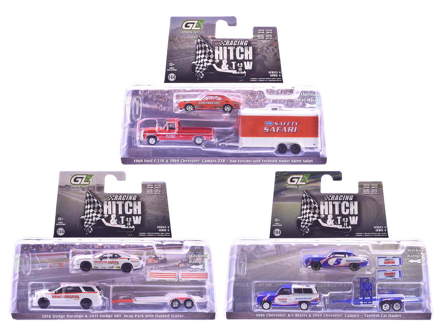"Racing Hitch & Tow" Series #6 Set of 3 pieces 1/64 Diecast Model Cars
