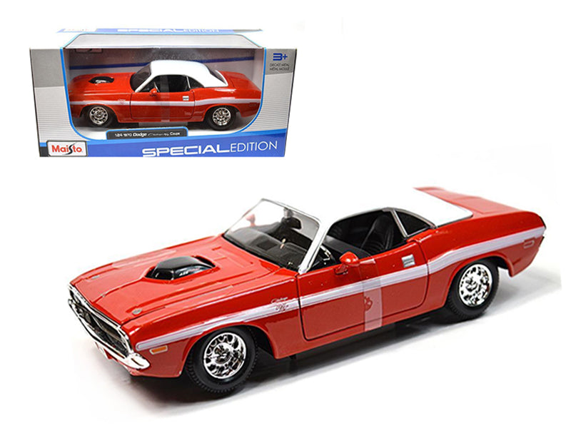1970 Dodge Challenger R/T Coupe Red with White Top and White Stripes 1/24 Diecast Model Car