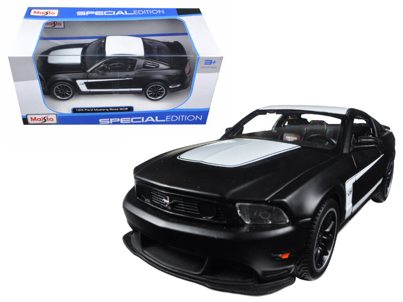 2012 Ford Mustang Boss 302 Matt Black and White 1/24 Diecast Model Car