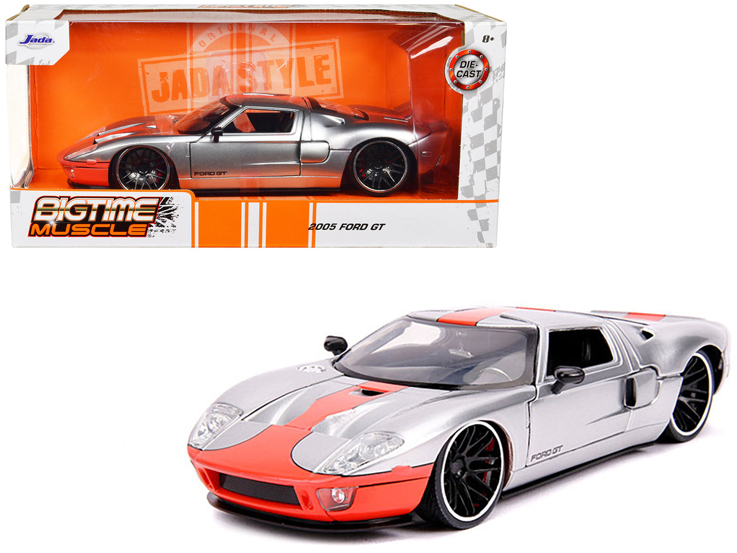 2005 Ford GT Silver with Orange Stripe "Bigtime Muscle" 1/24 Diecast Model Car