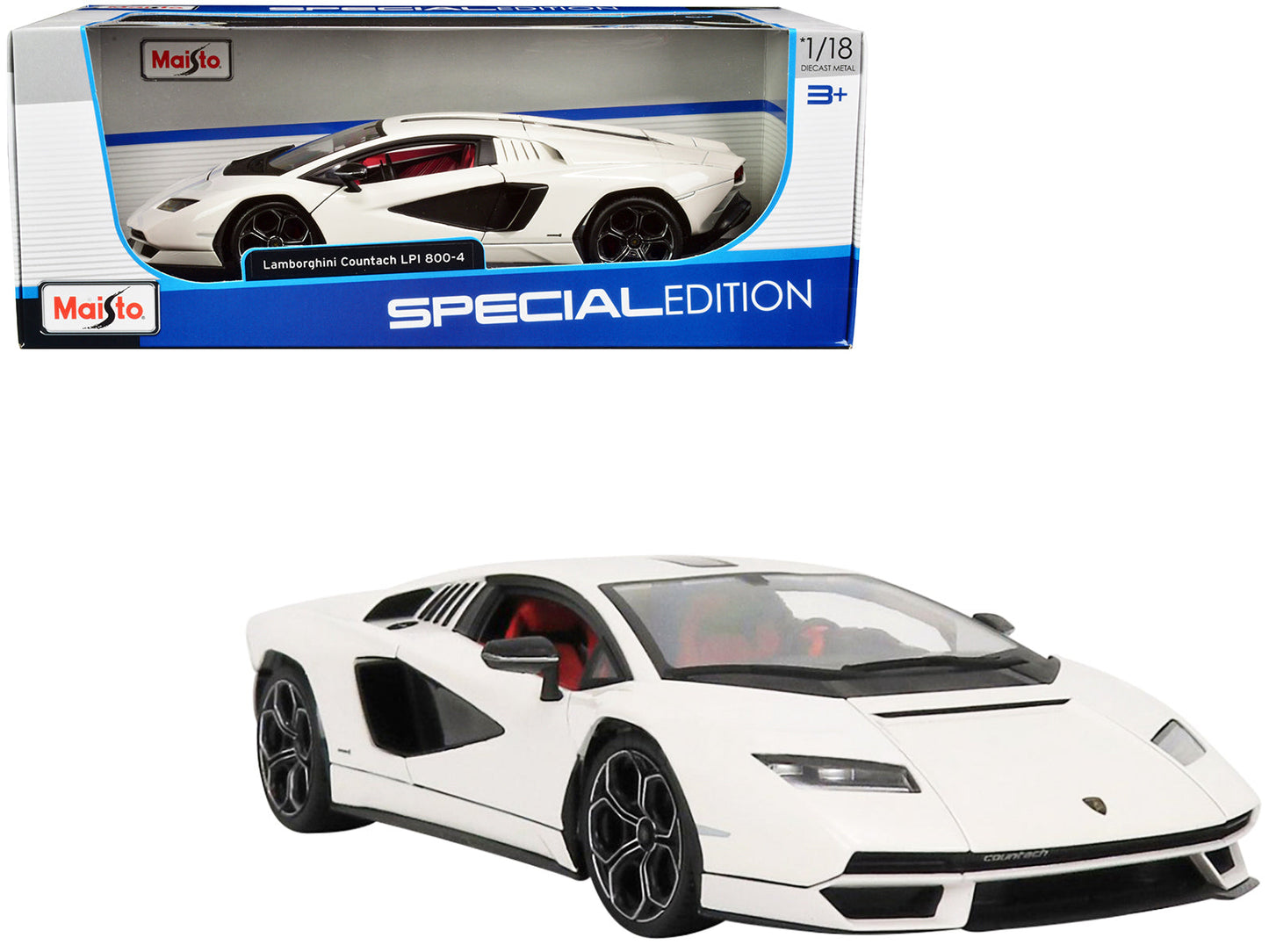 Lamborghini Countach LPI 800-4 White with Black Accents and Red Interior "Special Edition" 1/18 Diecast Model Car