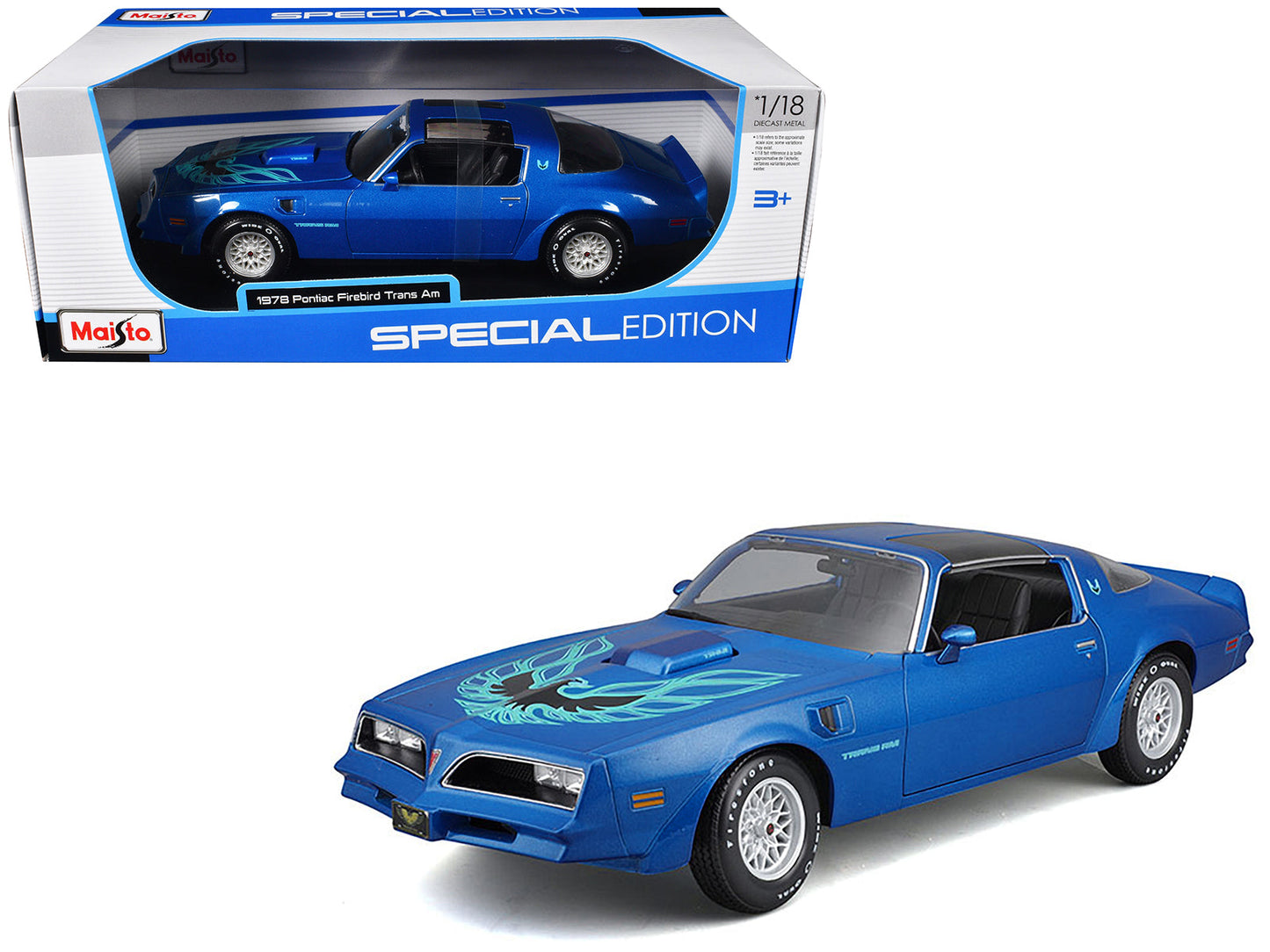1978 Pontiac Firebird Trans Am Blue Metallic with Hood Graphics "Special Edition" Series 1/18 Diecast Model Car