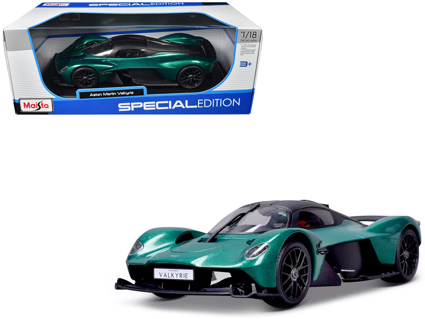 Aston Martin Valkyrie Green Metallic with Matt Black Top "Special Edition" Series 1/18 Diecast Model Car