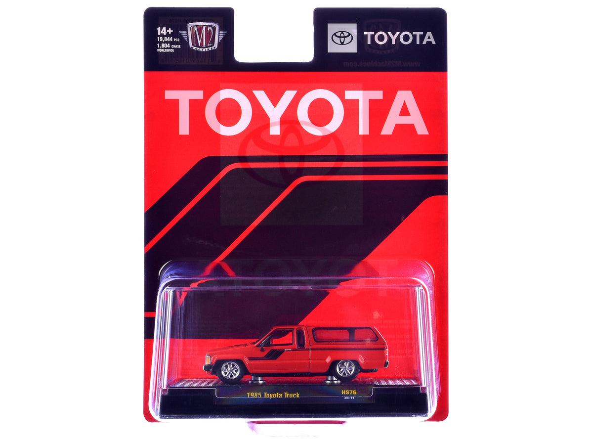1985 Toyota SR5 Pickup Truck with Camper Shell Red with Black Stripes Limited Edition to 19844 pieces Worldwide 1/64 Diecast Model Car