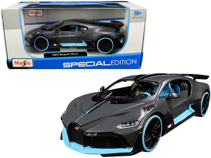 Bugatti Divo Satin Charcoal Gray with Carbon and Blue Accents "Special Edition" 1/24 Diecast Model Car