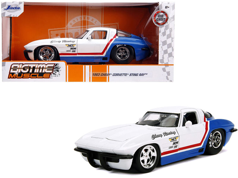 1963 Chevrolet Corvette Stingray White and Blue with Red Stripe "Chevy Racing" "Bigtime Muscle" 1/24 Diecast Model Car