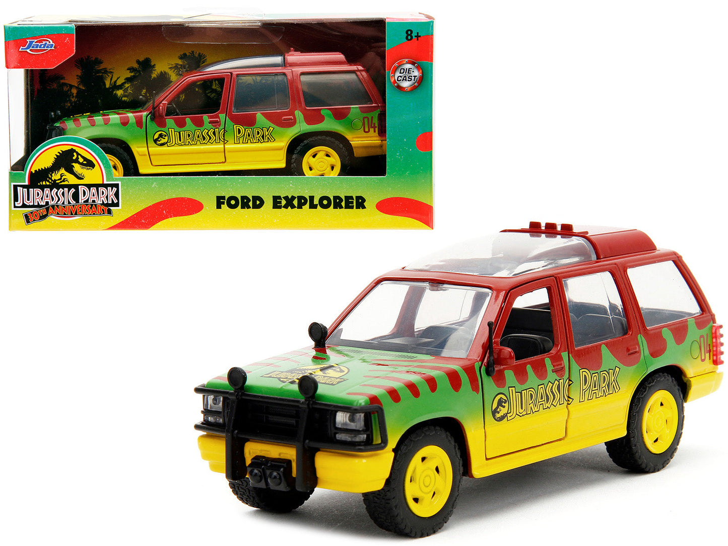 Ford Explorer Red and Yellow with Green Graphics "Jurassic Park" (1993) Movie 30th Anniversary "Hollywood Rides" Series 1/32 Diecast Model Car