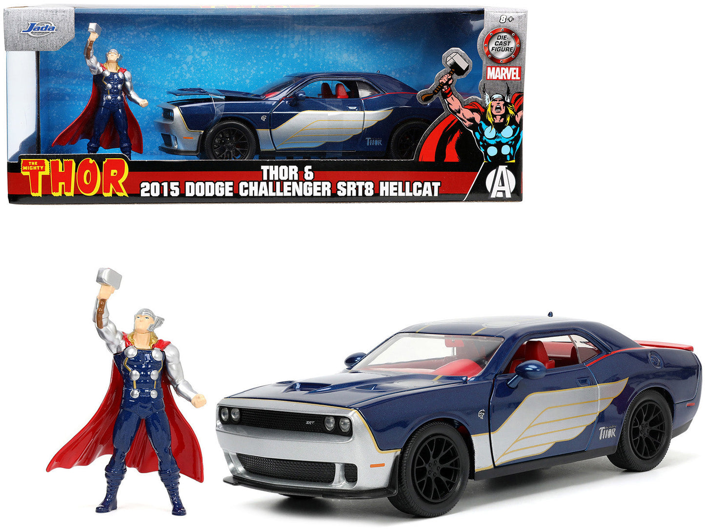 2015 Dodge Challenger SRT Hellcat Dark Blue with Graphics and Red Interior and Thor Diecast Figure "The Mighty Thor" "Marvel" Series 1/24 Diecast Model Car