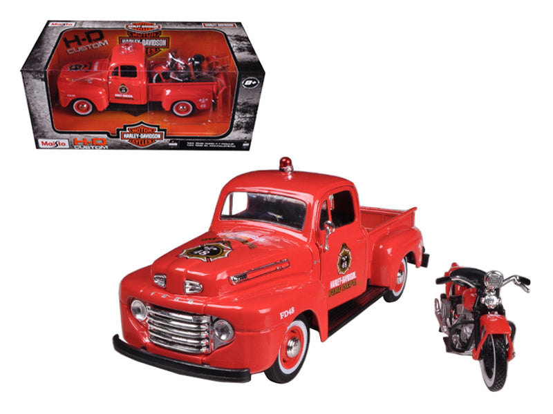 1948 Ford F-1 Pickup Truck "Harley Davidson" Fire Truck and 1936 El Knucklehead Motorcycle 1/24 Diecast Models