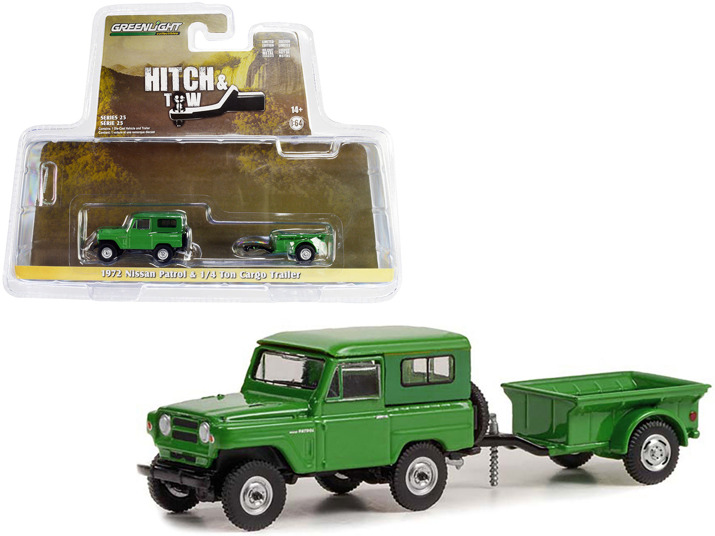 1972 Nissan Patrol Green with 1/4 Ton Cargo Trailer "Hitch & Tow" Series 25 1/64 Diecast Model Car