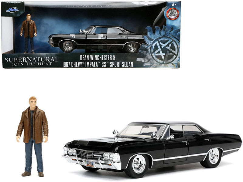 1967 Chevrolet Impala SS Sport Sedan Black and Dean Winchester Diecast Figurine "Supernatural" (2005-2020) TV Series "Hollywood Rides" Series 1/24 Diecast Model Car