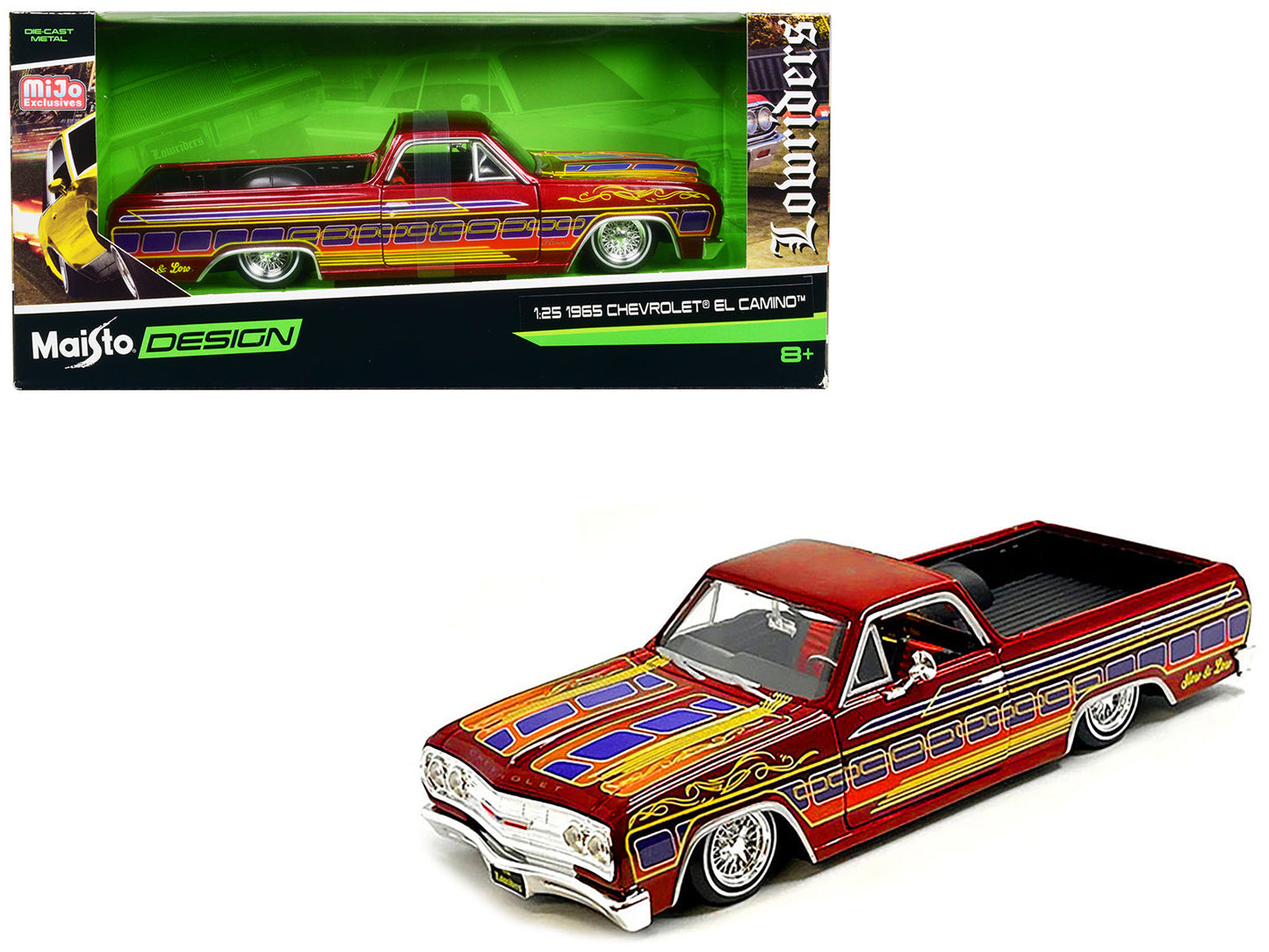 1965 Chevrolet El Camino Lowrider Candy Red Metallic with Graphics "Lowriders" Series 1/25 Diecast Model Car