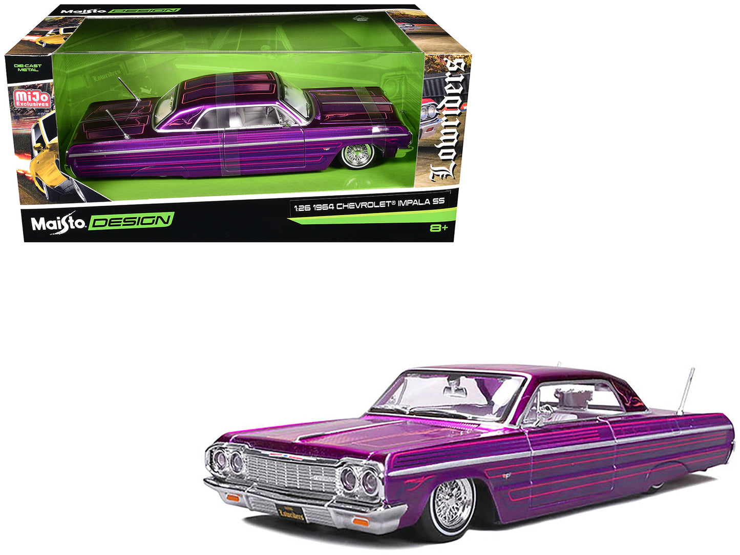 1964 Chevrolet Impala SS Lowrider Candy Purple with Graphics and White Interior "Lowriders" "Maisto Design" Series 1/26 Diecast Model Car