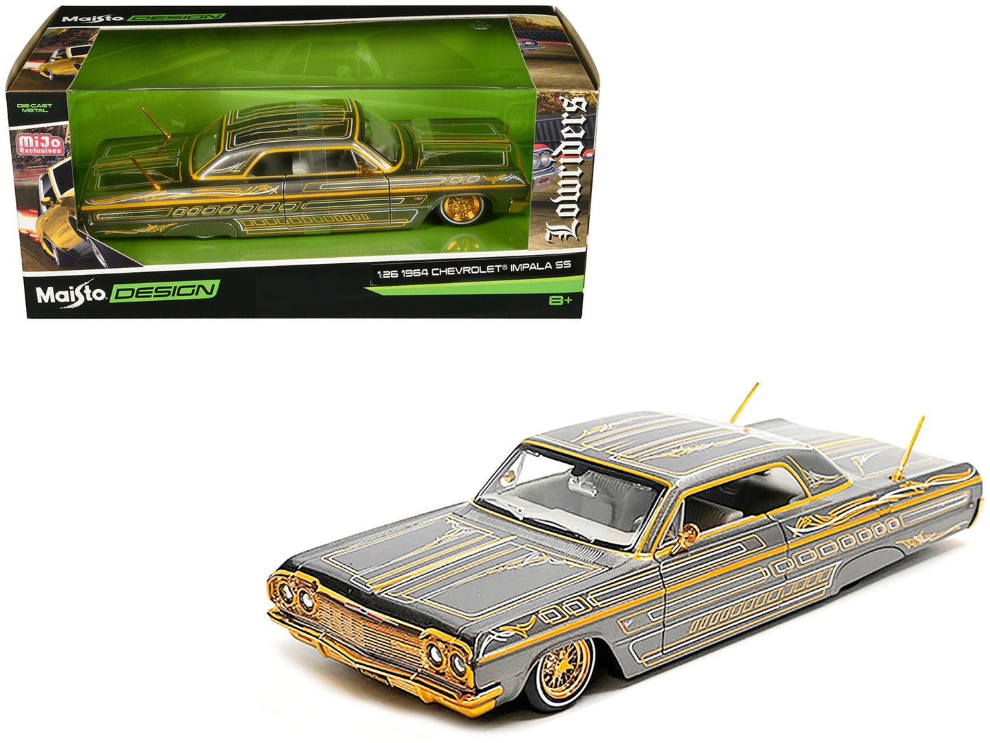 1964 Chevrolet Impala SS Lowrider Gray Metallic with Gold Graphics "Lowriders" "Maisto Design" Series 1/26 Diecast Model Car