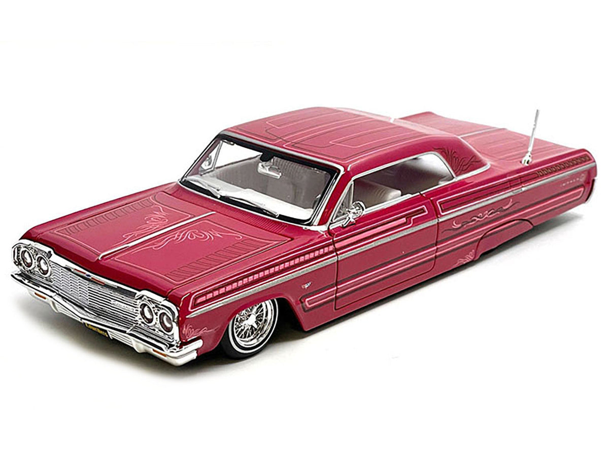 1964 Chevrolet Impala SS Lowrider Pink with Graphics and White Interior "Lowriders" "Maisto Design" Series 1/26 Diecast Model Car