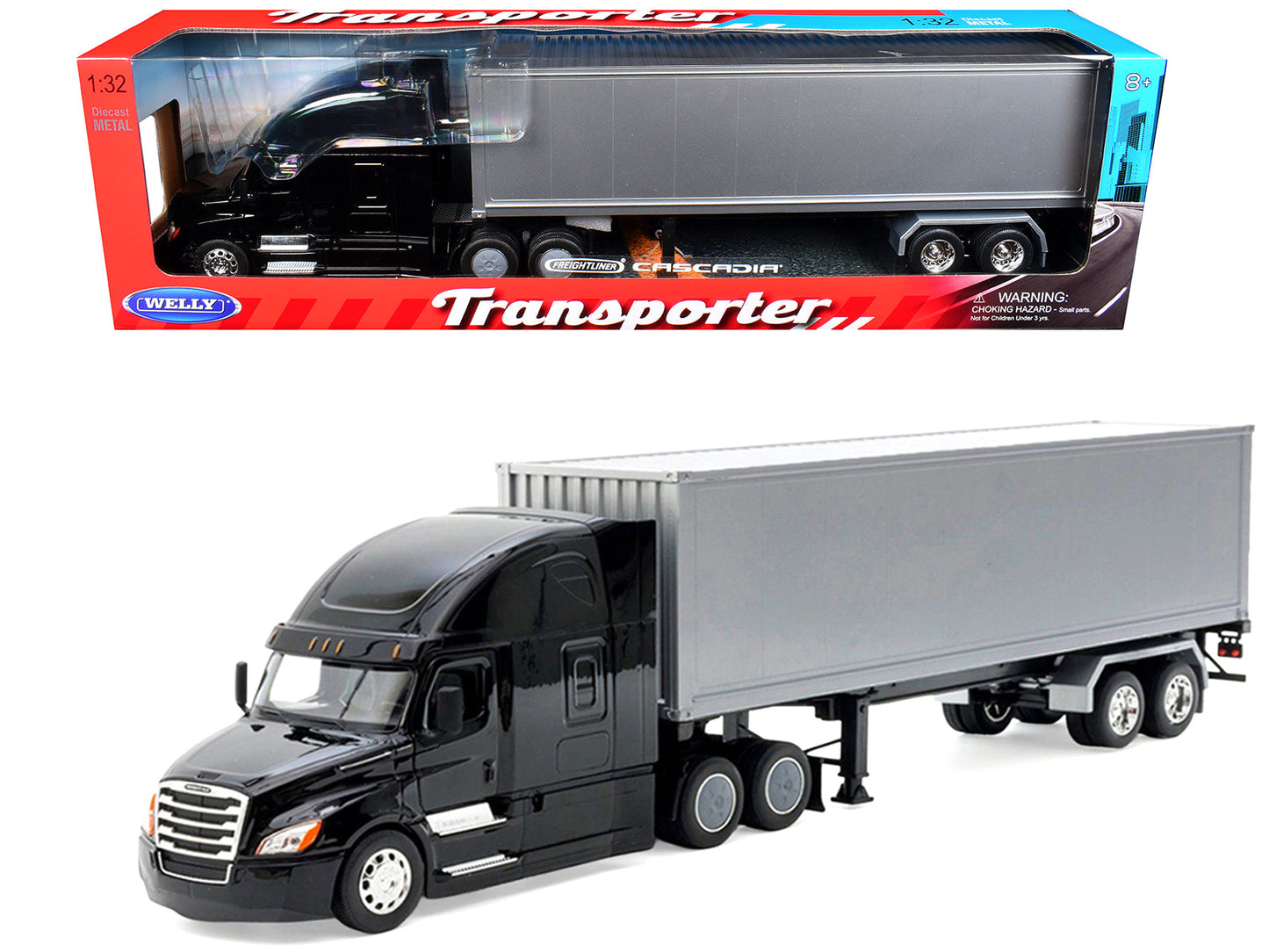 Freightliner Cascadia Truck Black with Silver Container "Transporter" Series 1/32 Diecast Model