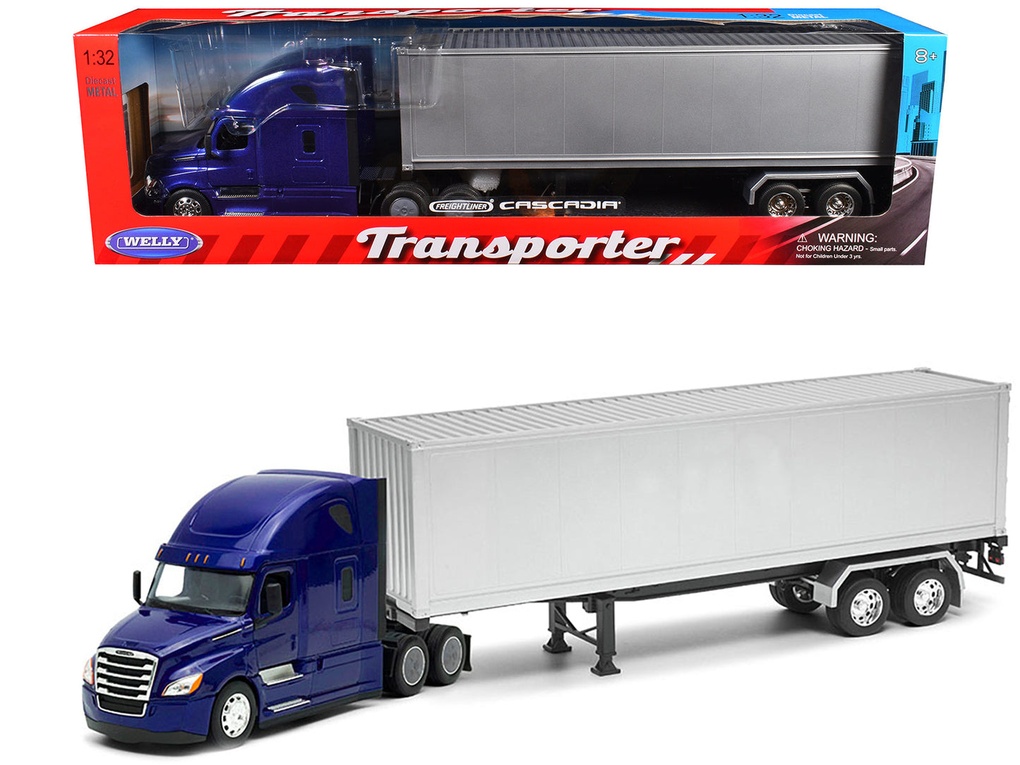 Freightliner Cascadia Truck Blue Metallic with Gray Container "Transporter" Series 1/32 Diecast Model