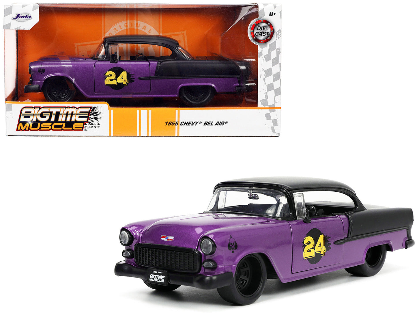 1955 Chevrolet Bel Air #24 Purple Metallic and Matt Black "Bigtime Muscle" Series 1/24 Diecast Model Car