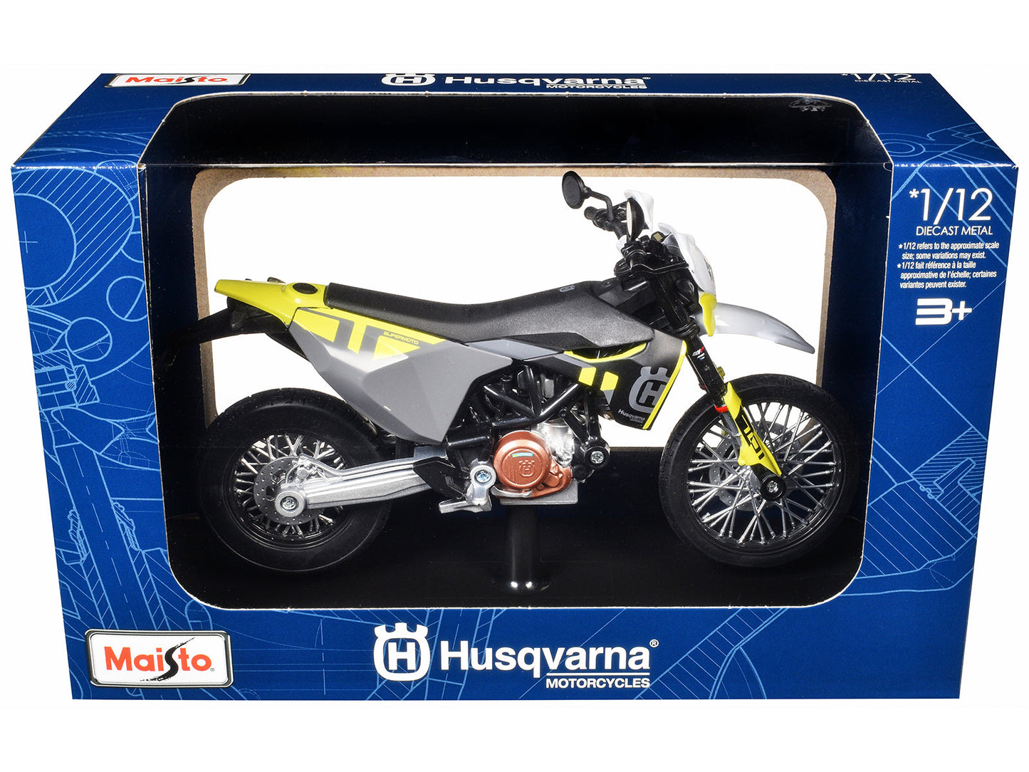2023 Husqvarna 701 Supermoto Motorcycle Matt Black and Gray with Yellow and White Accents with Display Base 1/12 Diecast Model