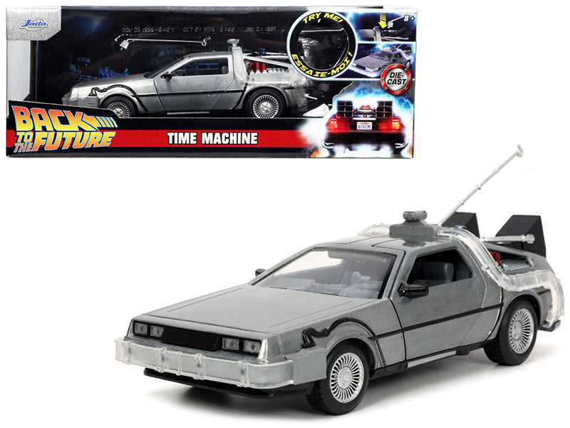 DeLorean Brushed Metal Time Machine with Lights "Back to the Future" (1985) Movie "Hollywood Rides" Series 1/24 Diecast Model Car