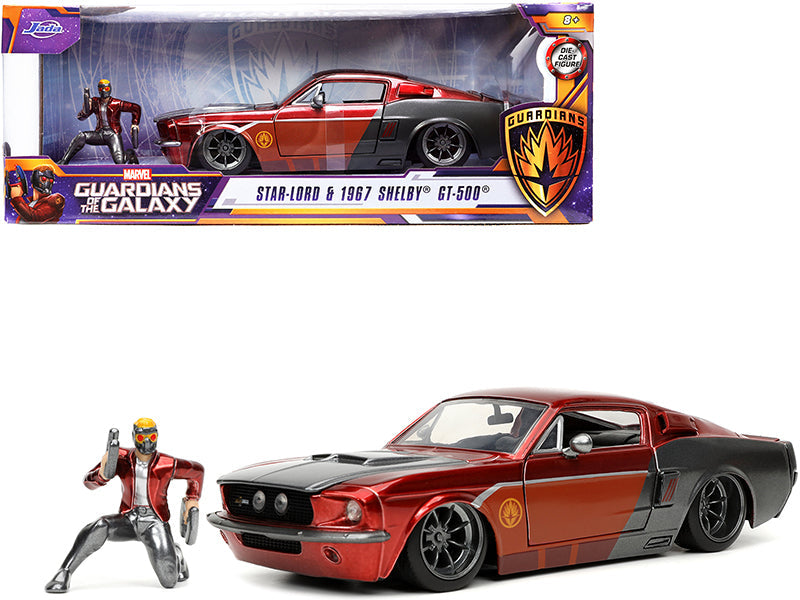 1967 Ford Mustang Shelby GT-500 Red Metallic and Gray Metallic with Star-Lord Diecast Figurine "Guardians of the Galaxy" "Marvel" Series 1/24 Diecast Model Car