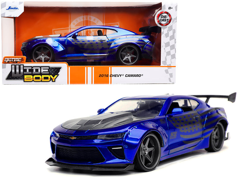 2016 Chevrolet Camaro Widebody Candy Blue with Gray Metallic Hood and American Flag Graphics "Bigtime Muscle" Series 1/24 Diecast Model Car