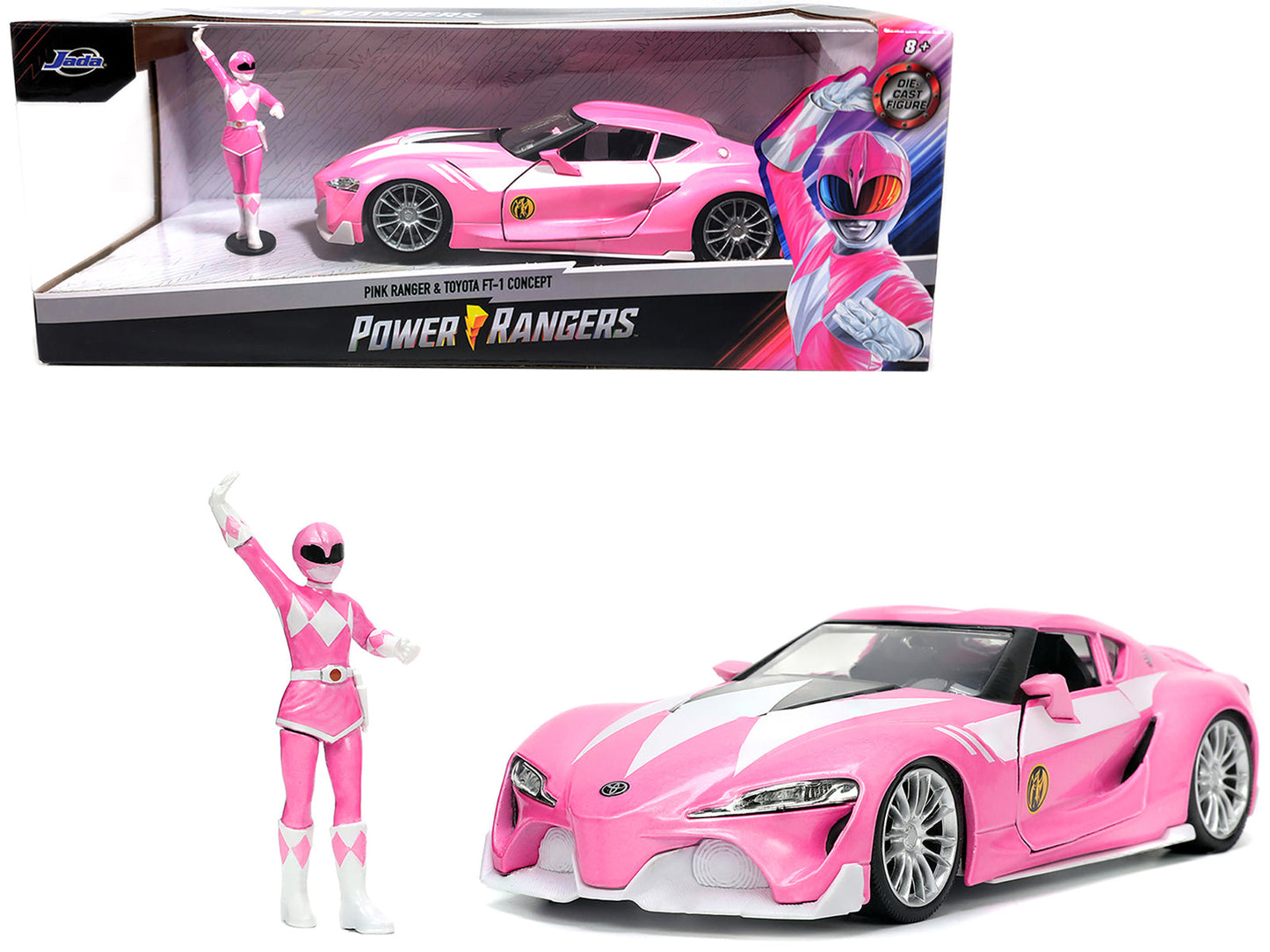 Toyota FT-1 Concept Pink Metallic and Pink Ranger Diecast Figurine "Power Rangers" "Hollywood Rides" Series 1/24 Diecast Model Car