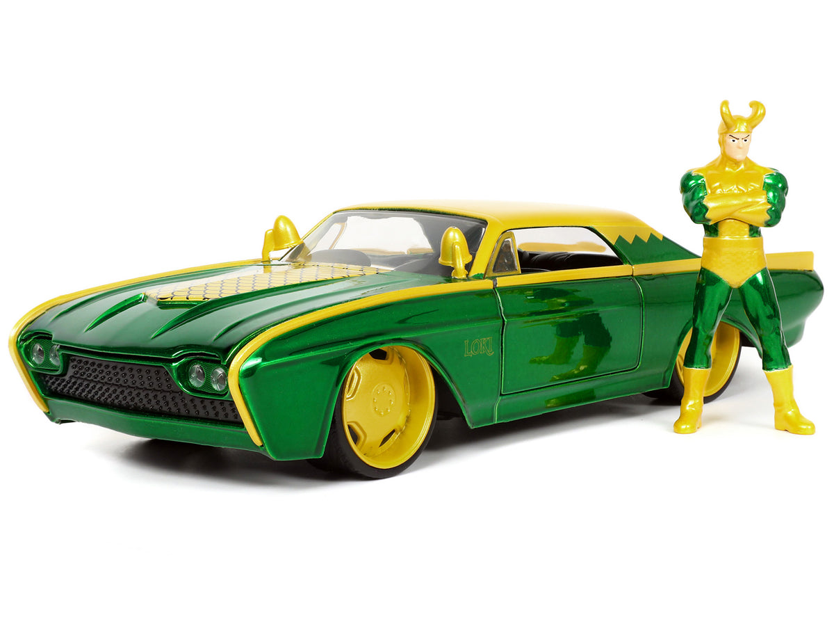 1963 Ford Thunderbird Green and Yellow Metallic with Hood Graphics and Loki Diecast Figure "Loki" "Marvel" Series 1/24 Diecast Model Car