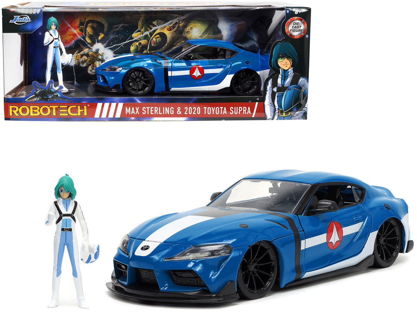 2020 Toyota Supra Blue with Graphics and Max Sterling Diecast Figurine "Robotech" "Hollywood Rides" Series 1/24 Diecast Model Car