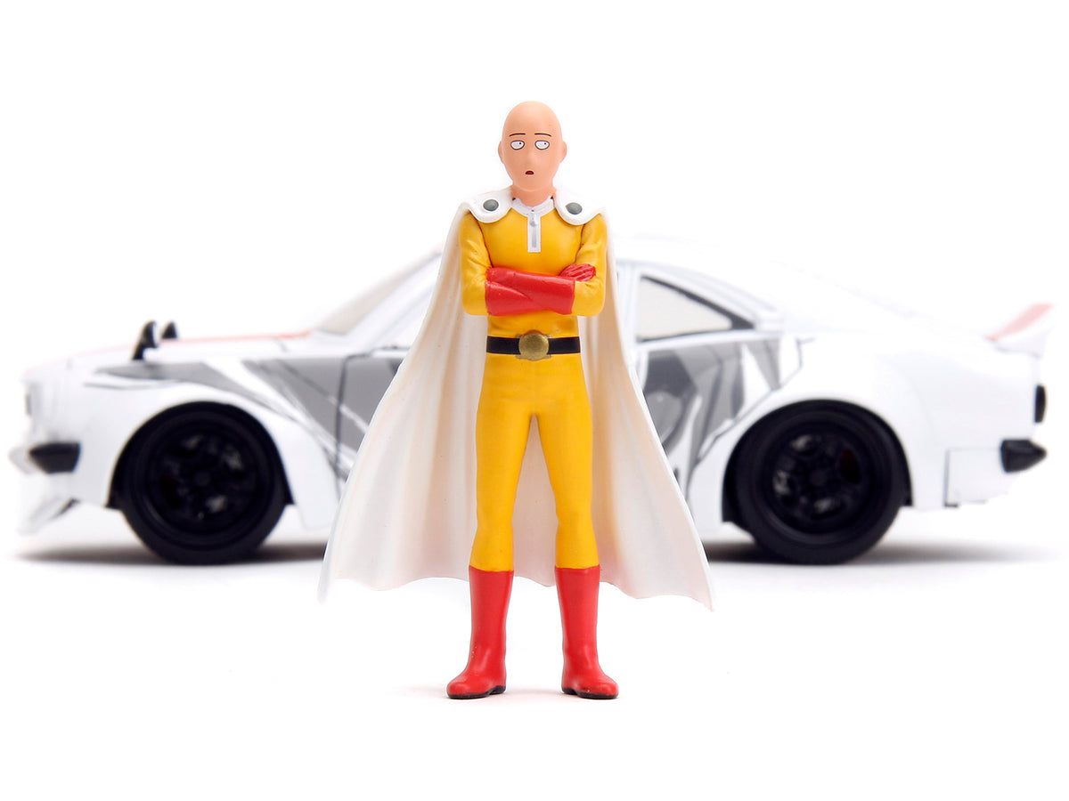 1974 Mazda RX-3 White with Red Stripe and Graphics and Saitama Diecast Figure "One Punch Man" (2015-2019) TV Series 1/24 Diecast Model Car
