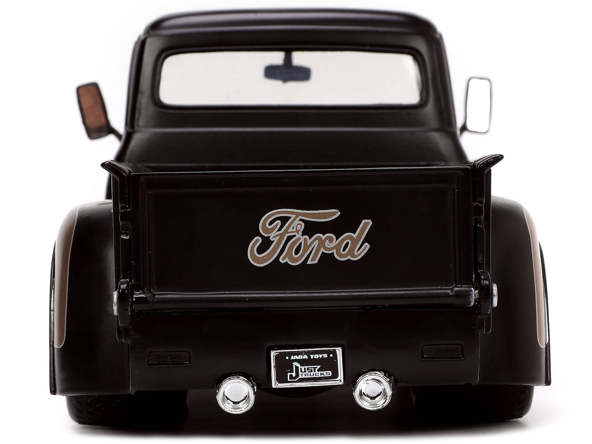 1956 Ford F-100 Pickup Truck Matt Black and Champagne with Flames with Extra Wheels "Just Trucks" Series 1/24 Diecast Model Car