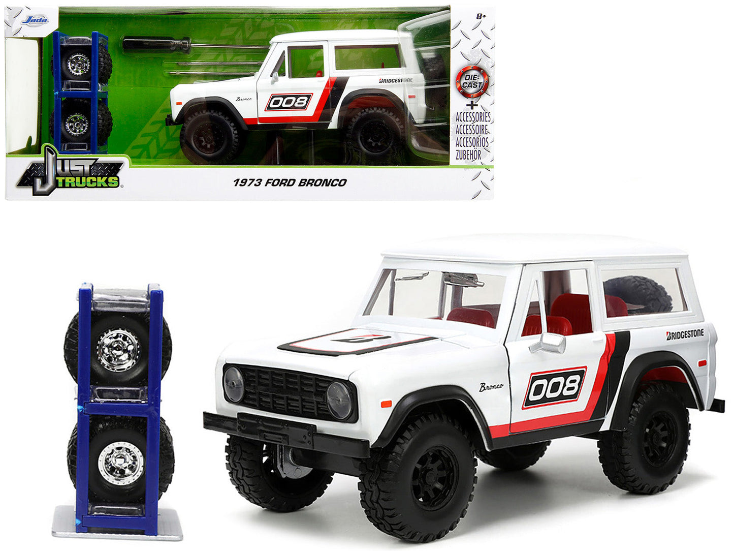 1973 Ford Bronco #008 White with Red and Black Stripes and Red Interior with Extra Wheels "Just Trucks" Series 1/24 Diecast Model Car