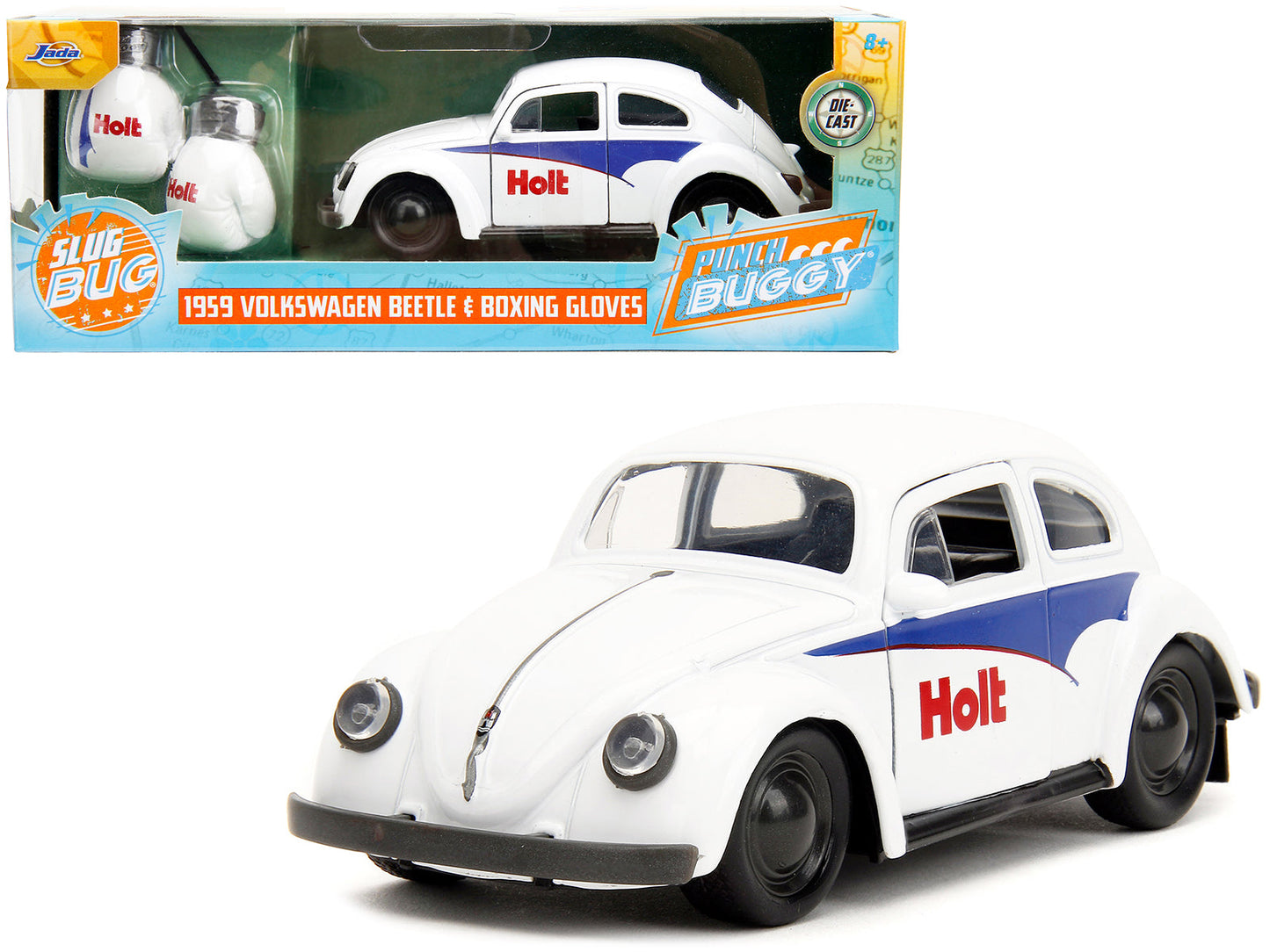 1959 Volkswagen Beetle "Holt" White with Blue Graphics and Boxing Gloves Accessory "Punch Buggy" Series 1/32 Diecast Model Car