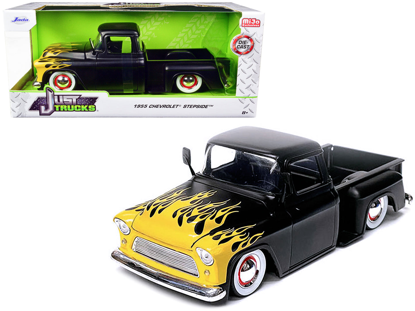 1955 Chevrolet Stepside Pickup Truck Matt Black with Yellow Flames "Just Trucks" Series 1/24 Diecast Model Car