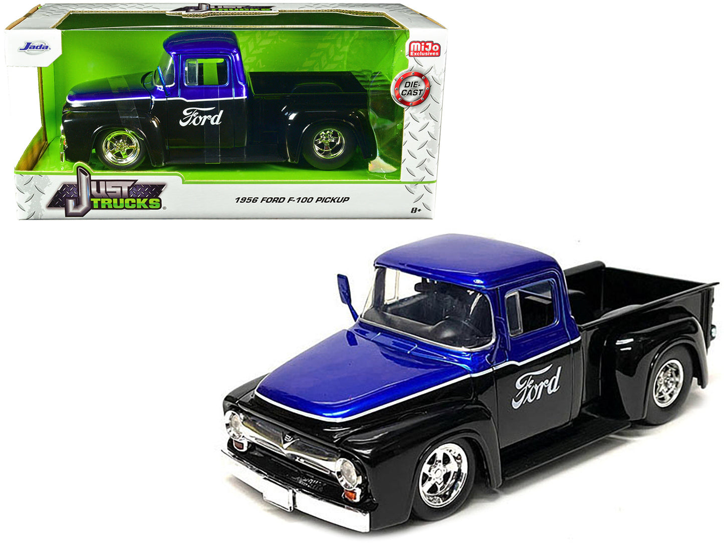 1956 Ford F-100 Pickup Truck Black and Blue Metallic with Ford Graphics "Just Trucks" Series 1/24 Diecast Model Car