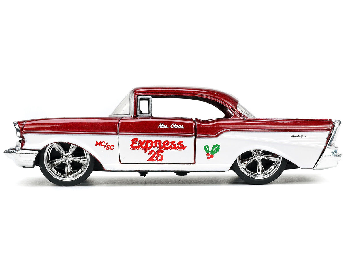 1941 Ford Pickup Truck Red and White "Santa's Workshop" and 1957 Chevrolet Bel Air Red Metallic and White "Express 25" with Mr. and Mrs. Santa Claus Diecast Figures "Holiday Rides" Series 1/32 Diecast Model Cars