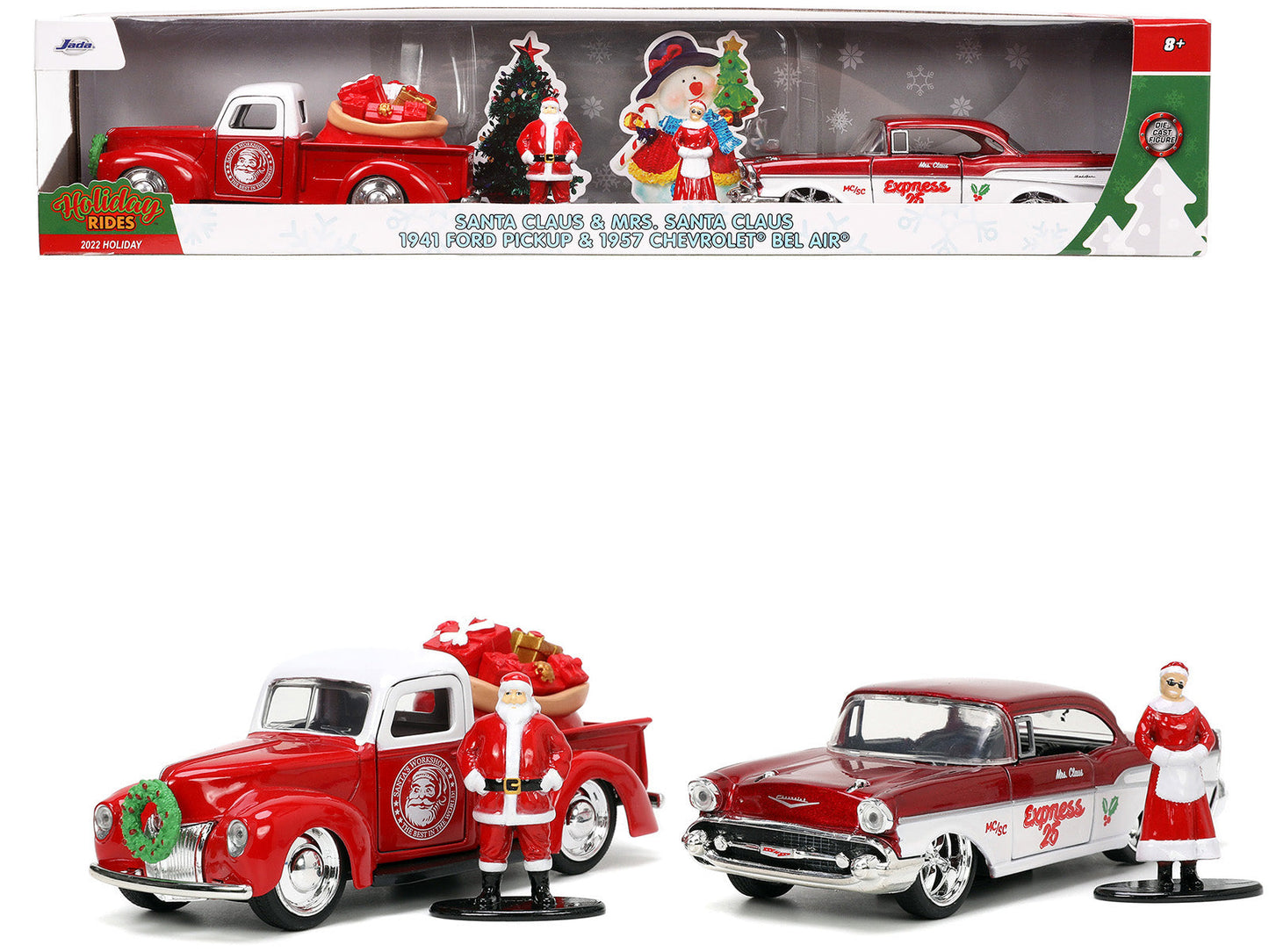 1941 Ford Pickup Truck Red and White "Santa's Workshop" and 1957 Chevrolet Bel Air Red Metallic and White "Express 25" with Mr. and Mrs. Santa Claus Diecast Figures "Holiday Rides" Series 1/32 Diecast Model Cars